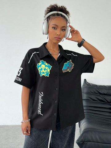 Coolane Women Loose Black Shirt With Letter Pattern