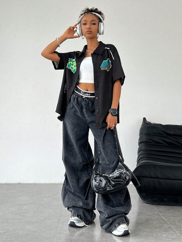 Coolane Women Loose Black Shirt With Letter Pattern