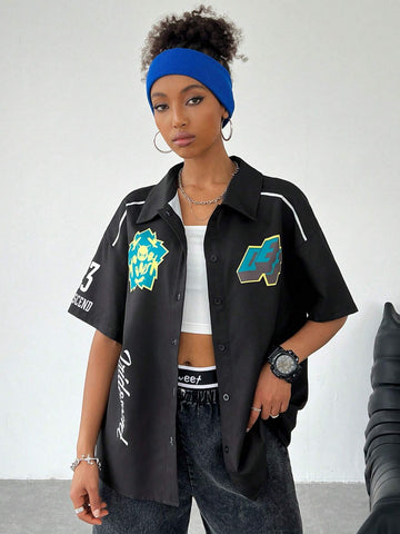 Coolane Women Loose Black Shirt With Letter Pattern