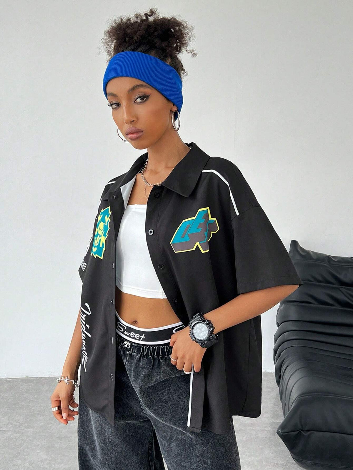 Coolane Women Loose Black Shirt With Letter Pattern