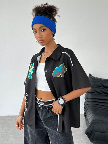 Coolane Women Loose Black Shirt With Letter Pattern