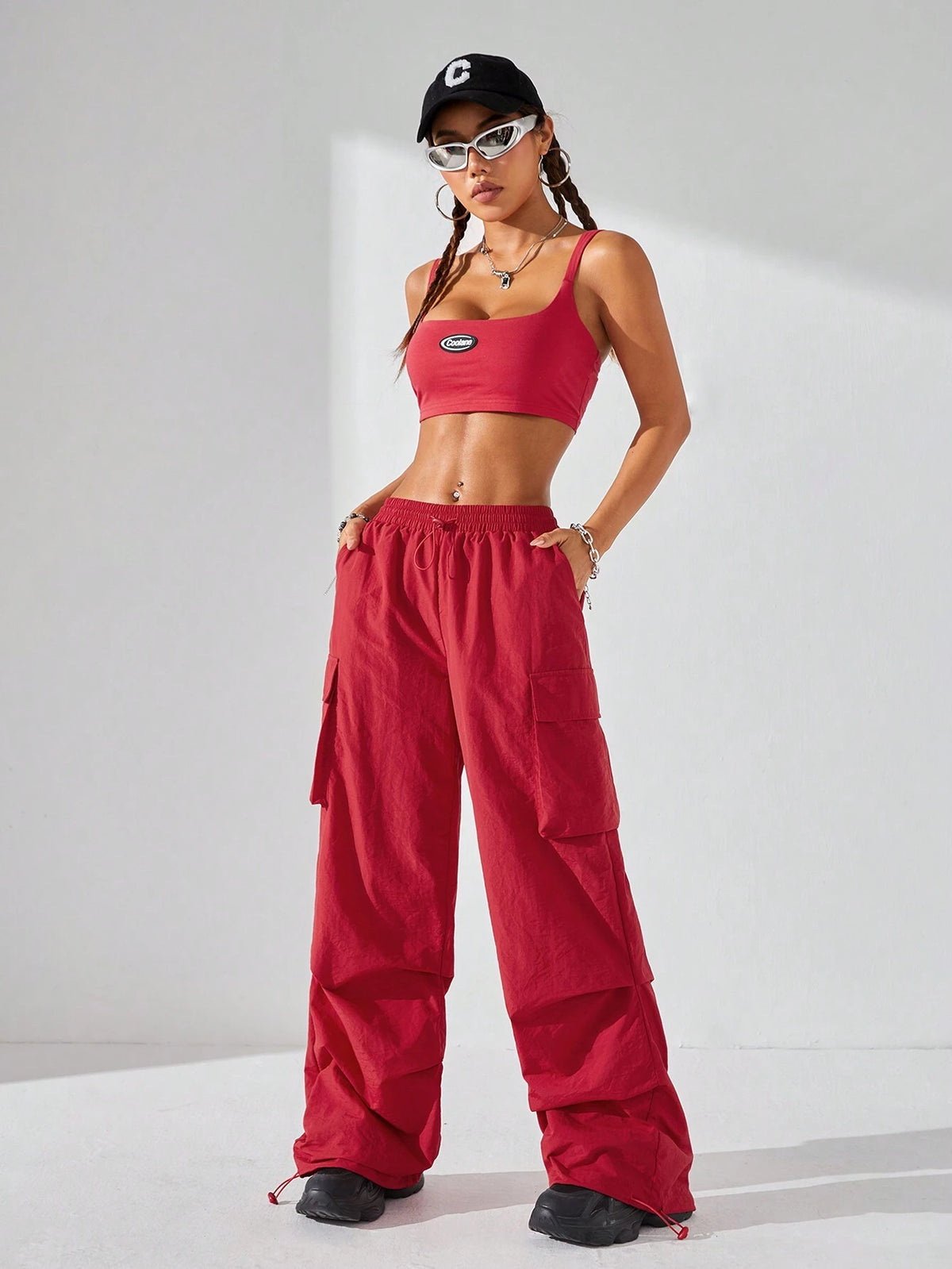 Women Personality Hip-Hop Street Dance Outfit, Sleeveless Top And Parachute Pants Set For Streetwear