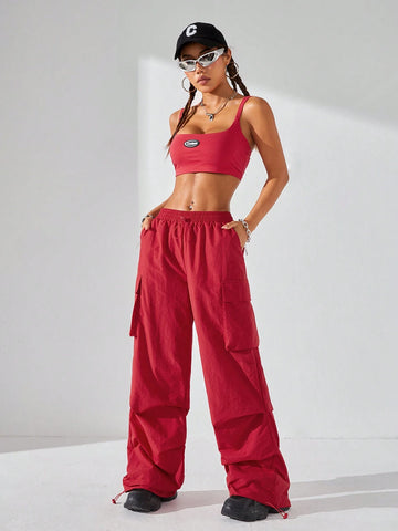Women Personality Hip-Hop Street Dance Outfit, Sleeveless Top And Parachute Pants Set For Streetwear