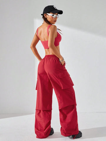 Women Personality Hip-Hop Street Dance Outfit, Sleeveless Top And Parachute Pants Set For Streetwear