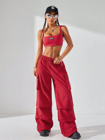 Women Personality Hip-Hop Street Dance Outfit, Sleeveless Top And Parachute Pants Set For Streetwear