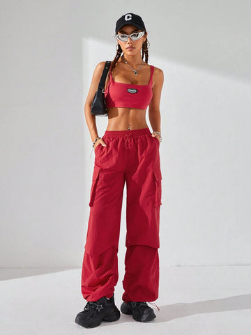 Women Personality Hip-Hop Street Dance Outfit, Sleeveless Top And Parachute Pants Set For Streetwear