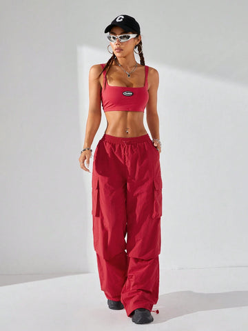 Women Personality Hip-Hop Street Dance Outfit, Sleeveless Top And Parachute Pants Set For Streetwear