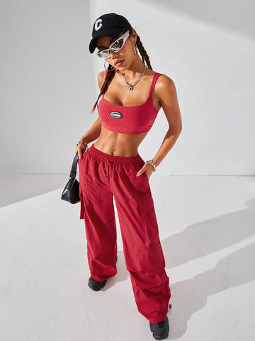 Women Personality Hip-Hop Street Dance Outfit, Sleeveless Top And Parachute Pants Set For Streetwear