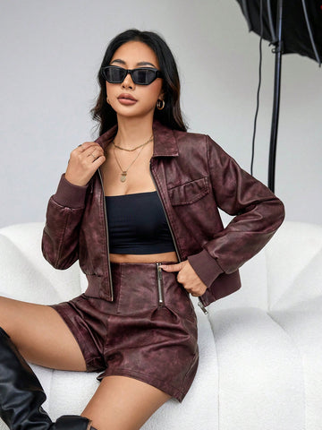 Women's 2pcs/set Pu Washed Leather Vintage Style Outfit