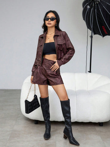 Women's 2pcs/set Pu Washed Leather Vintage Style Outfit