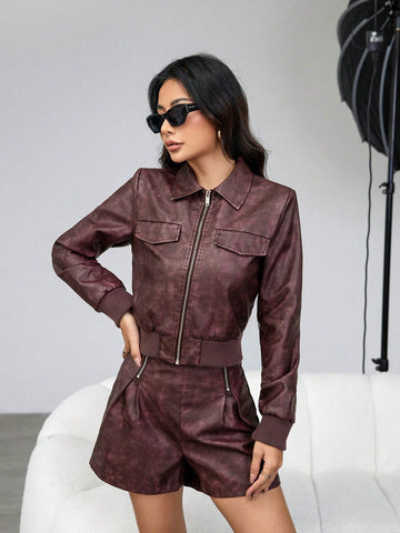 Women's 2pcs/set Pu Washed Leather Vintage Style Outfit