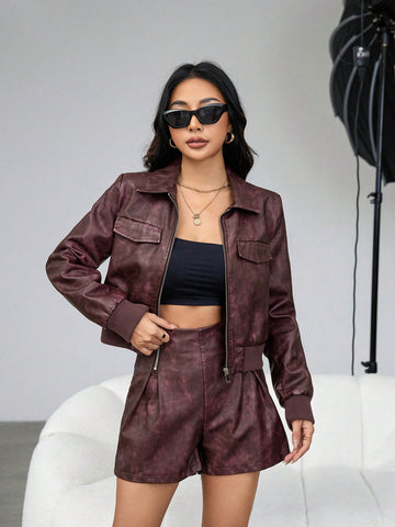 Women's 2pcs/set Pu Washed Leather Vintage Style Outfit