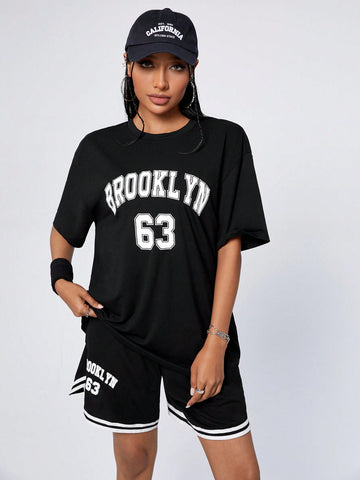 Women's Alphabet & Number Printed T-Shirt And Shorts Sports Two-Piece Set
