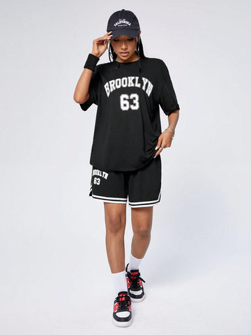 Women's Alphabet & Number Printed T-Shirt And Shorts Sports Two-Piece Set