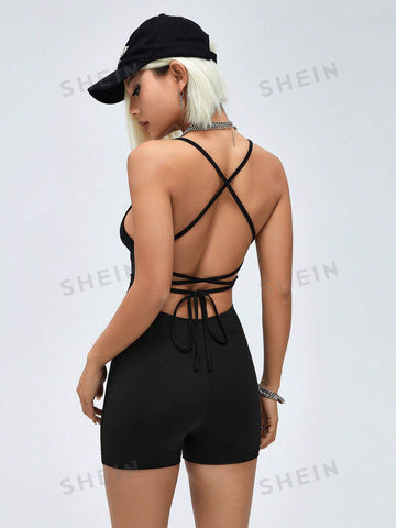 Women's Backless Strap Design Tight Romper Shorts