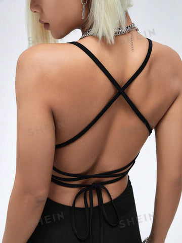 Women's Backless Strap Design Tight Romper Shorts