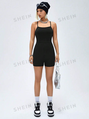 Women's Backless Strap Design Tight Romper Shorts
