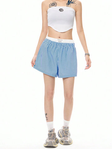 Coolane Women's Blue And White Striped Double High Waist Shorts