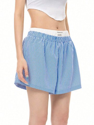 Coolane Women's Blue And White Striped Double High Waist Shorts