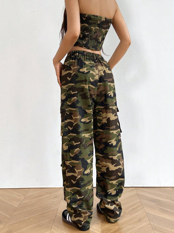 Women's Camo Print Tube Top And Cargo Pants Set With Pockets