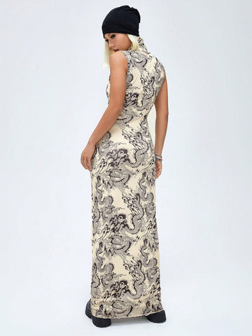 Coolane Women's Chinese Dragon Printed Sleeveless Dress