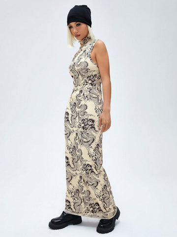 Coolane Women's Chinese Dragon Printed Sleeveless Dress