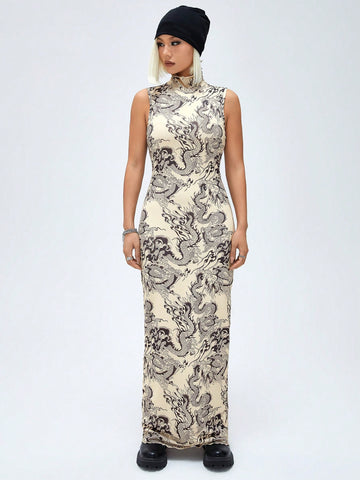 Coolane Women's Chinese Dragon Printed Sleeveless Dress