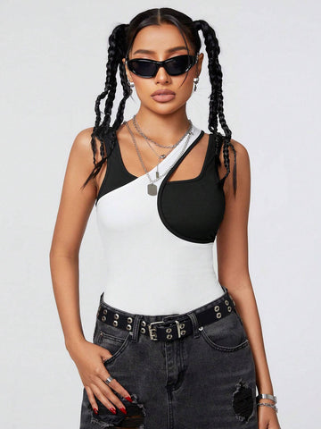 Women's Color Block Splicing Deconstructed Sleeveless Bodysuit