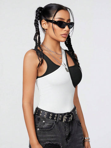 Women's Color Block Splicing Deconstructed Sleeveless Bodysuit