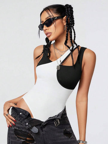 Women's Color Block Splicing Deconstructed Sleeveless Bodysuit