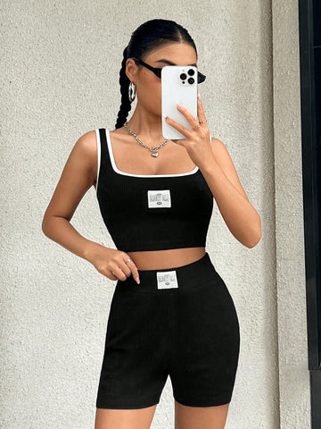 Women's Colorblock Ribbed Tank Top And Cycling Shorts Set