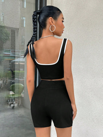 Women's Colorblock Ribbed Tank Top And Cycling Shorts Set