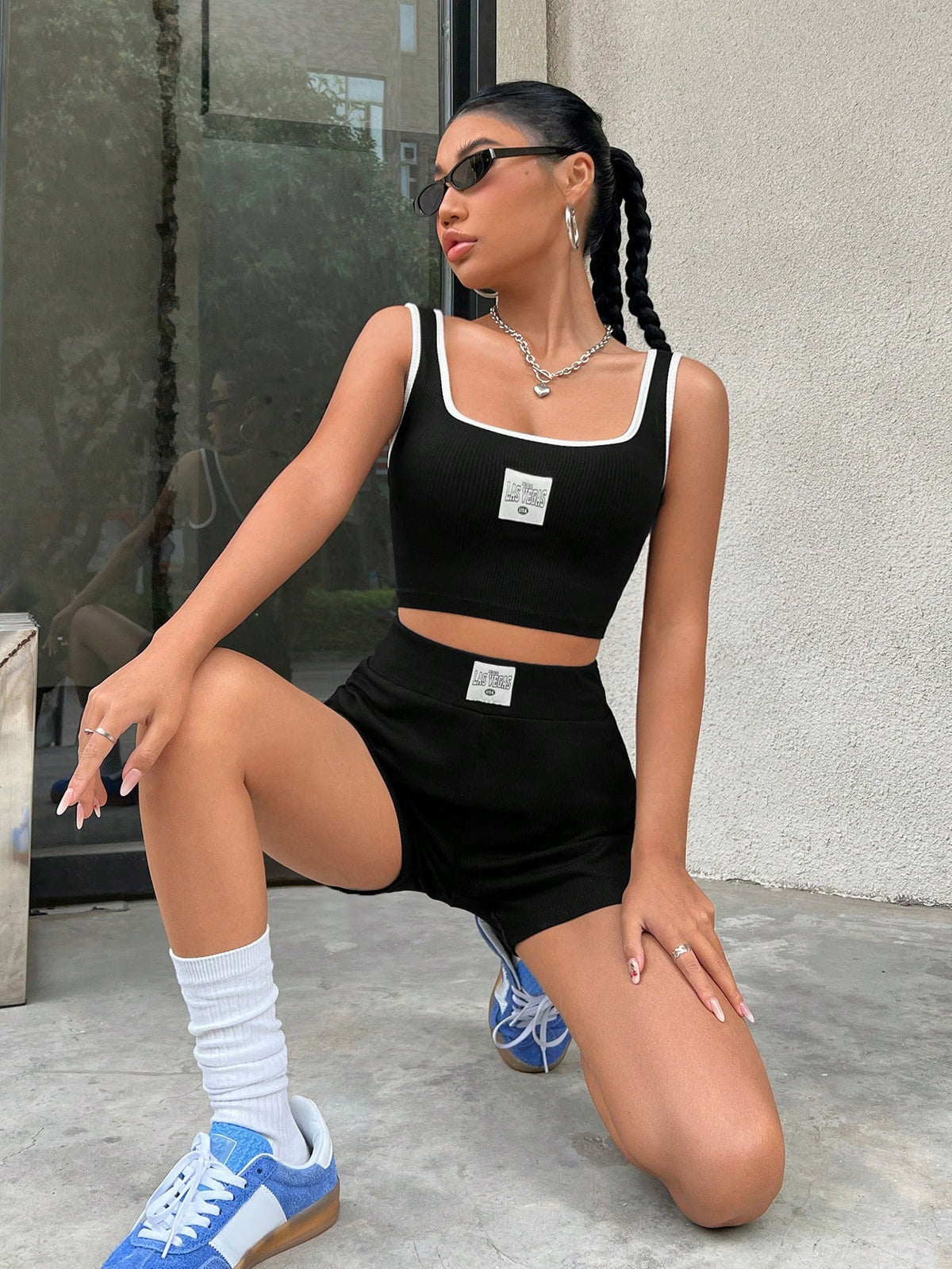 Women's Colorblock Ribbed Tank Top And Cycling Shorts Set