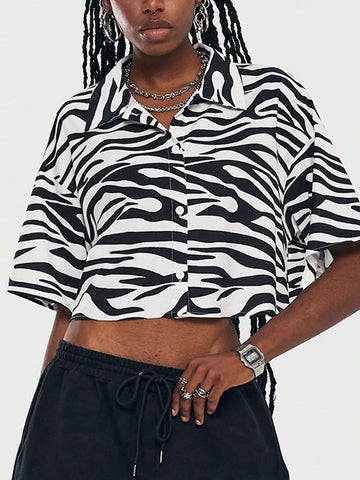 Coolane Women's Crop Zebra Print Drop Shoulder Loose Casual Shirt For Summer