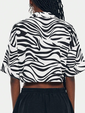 Coolane Women's Crop Zebra Print Drop Shoulder Loose Casual Shirt For Summer