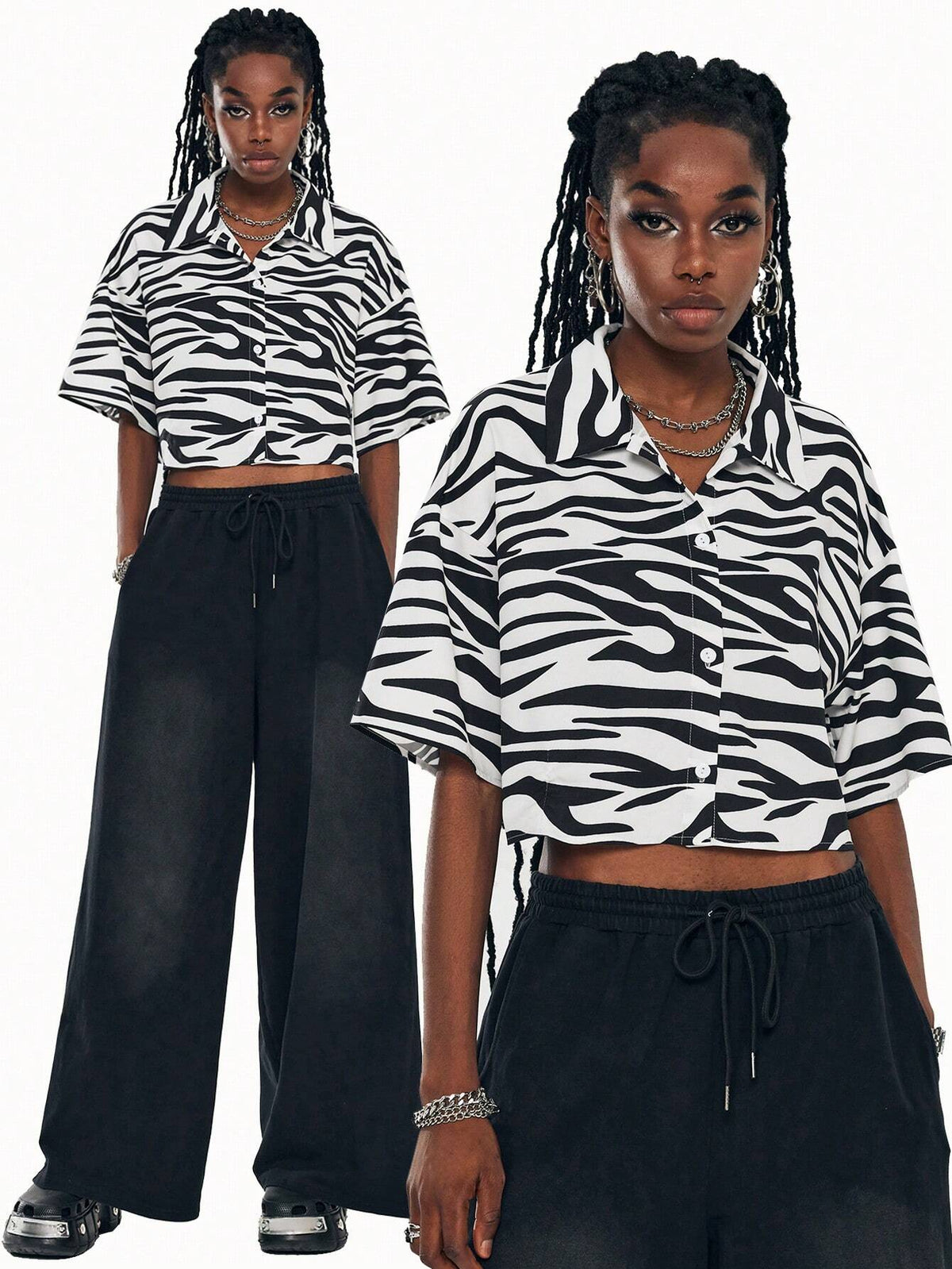Coolane Women's Crop Zebra Print Drop Shoulder Loose Casual Shirt For Summer