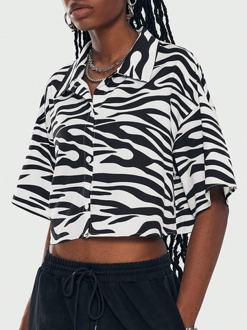 Coolane Women's Crop Zebra Print Drop Shoulder Loose Casual Shirt For Summer