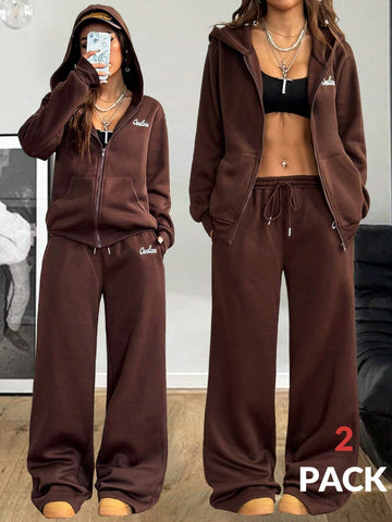 Women's Fall/Winter Basic Brown Sweatshirt And Wide Leg Sweatpants Fleece Lined,2pcs