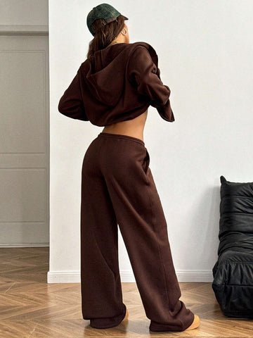 Women's Fall/Winter Basic Brown Sweatshirt And Wide Leg Sweatpants Fleece Lined,2pcs