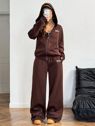 Women's Fall/Winter Basic Brown Sweatshirt And Wide Leg Sweatpants Fleece Lined,2pcs