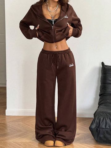 Women's Fall/Winter Basic Brown Sweatshirt And Wide Leg Sweatpants Fleece Lined,2pcs