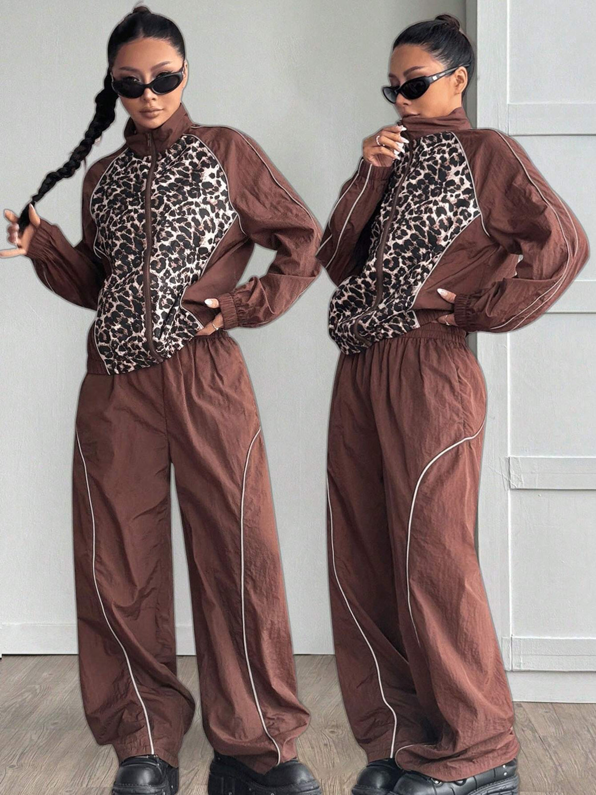 Women's Fall/Winter Cargo Casual Corta Vento Leopard Reflective Sport Sets