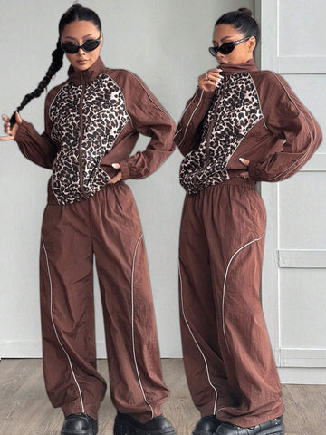 Women's Fall/Winter Cargo Casual Corta Vento Leopard Reflective Sport Sets