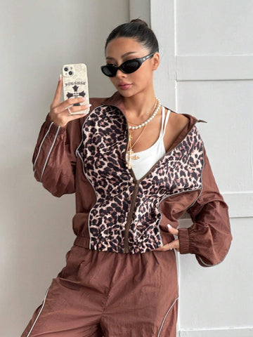Women's Fall/Winter Cargo Casual Corta Vento Leopard Reflective Sport Sets