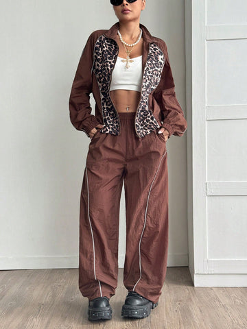 Women's Fall/Winter Cargo Casual Corta Vento Leopard Reflective Sport Sets