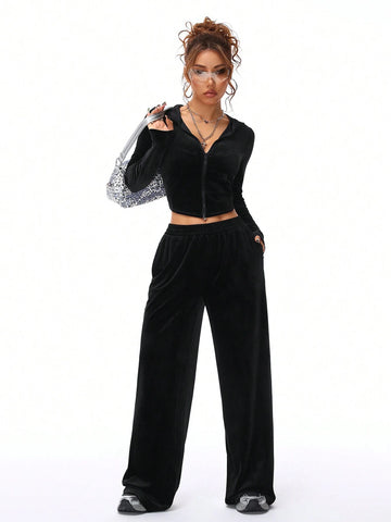 Women's Fall/Winter Casual Velvet Fuzzy Fleece Hooded & Pants Going Out Sets