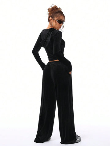Women's Fall/Winter Casual Velvet Fuzzy Fleece Hooded & Pants Going Out Sets