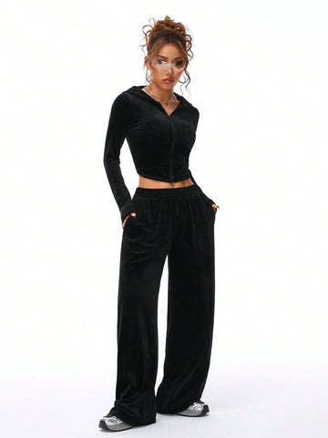 Women's Fall/Winter Casual Velvet Fuzzy Fleece Hooded & Pants Going Out Sets