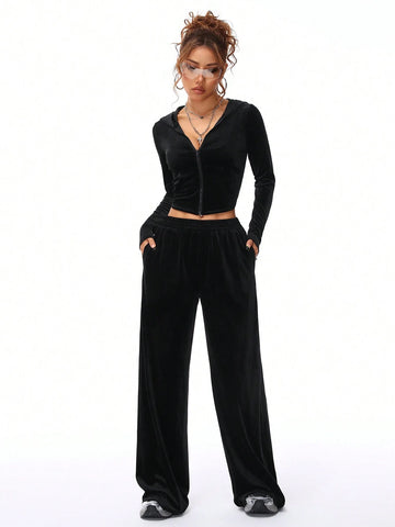 Women's Fall/Winter Casual Velvet Fuzzy Fleece Hooded & Pants Going Out Sets