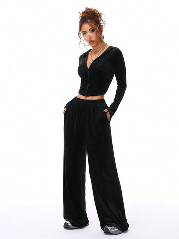 Women's Fall/Winter Casual Velvet Fuzzy Fleece Hooded & Pants Going Out Sets